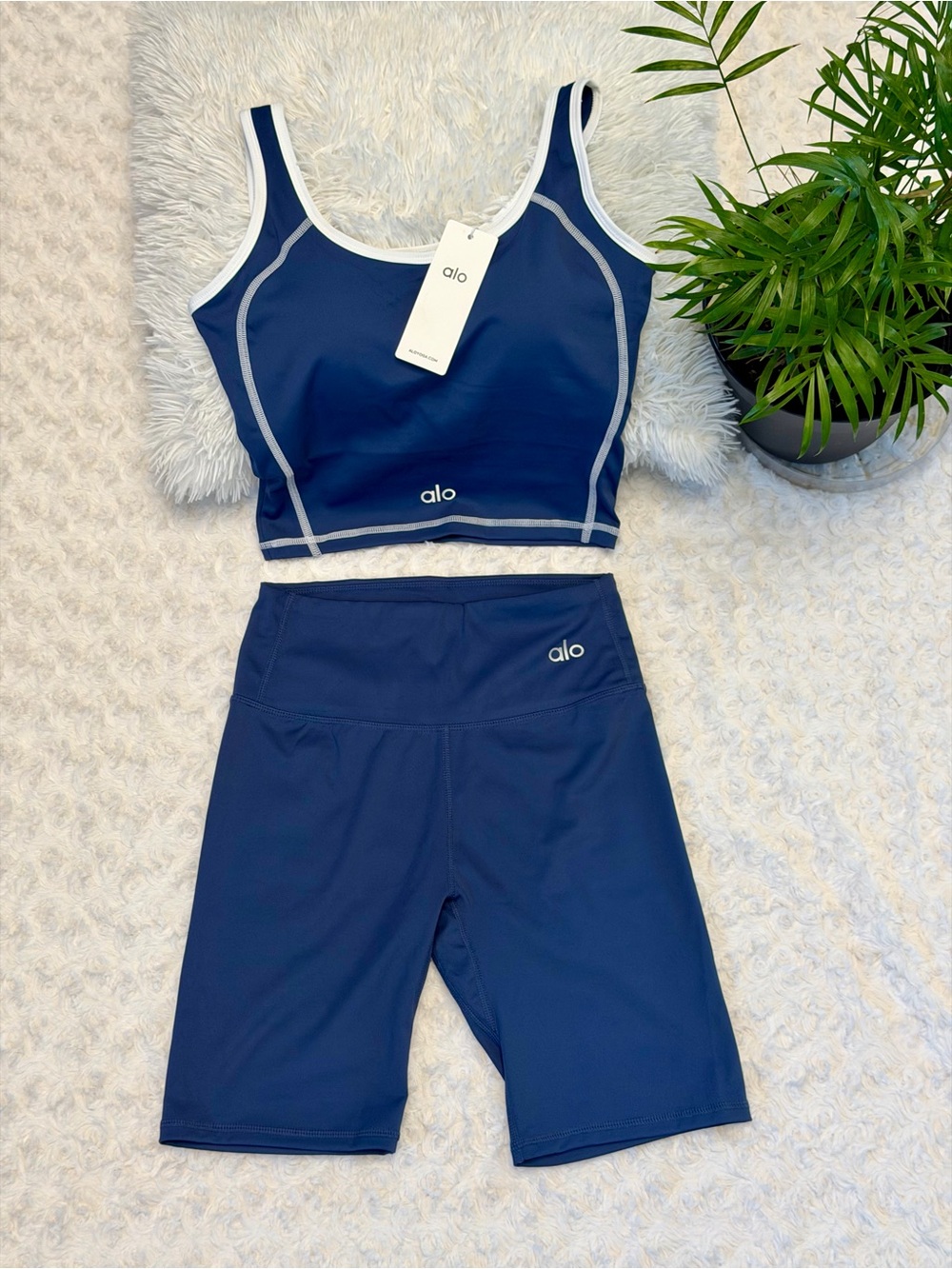 ALO Yoga Navy and White Tank & Bike Short Set - Picture 2 of 9